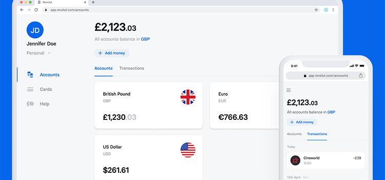 Die Revolut App sichtbar auf PC und Smartphone