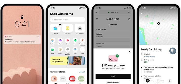 Vier Ansichten auf dem Smartphone der Super-App von Klarna