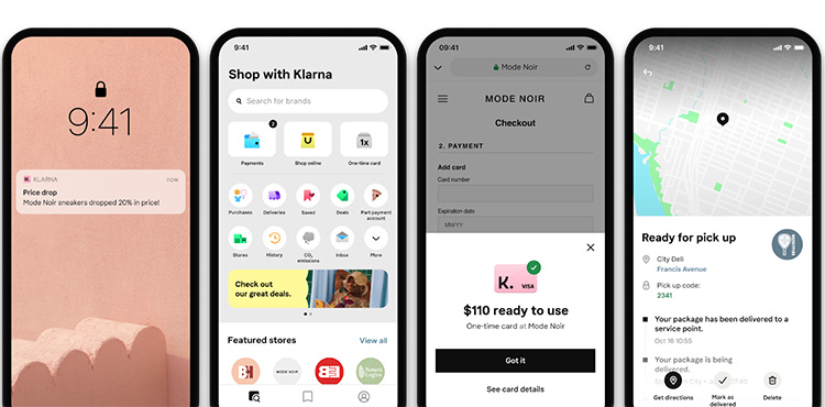 Vier Ansichten auf dem Smartphone der Super-App von Klarna