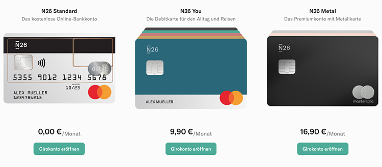 Konto-Typen der Neo-Bank N26