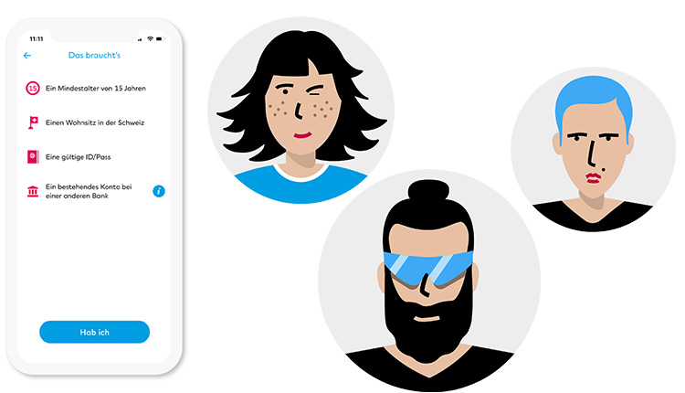 Smartphone mit Avataren und Onboarding-Prozess der Smartphone-Bank Zak